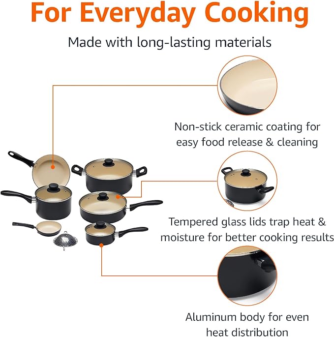 Amazon Basics 11-Piece Ceramic Non-Stick Pots and Pans Set Dishwasher &amp Oven Safe Easy Clean Glass Lids Black/Cream