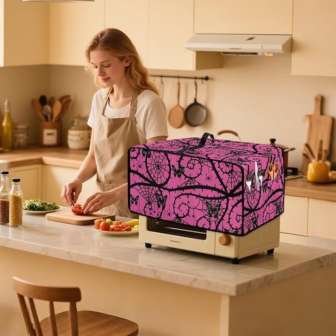 Gothic Butterfly Print Toaster Oven Cover Stain Resistant Dustproof Bread Maker Cover Compatible with Air Fryer Toaster Smart Oven 18.5 x 14.5 x 9 Pink