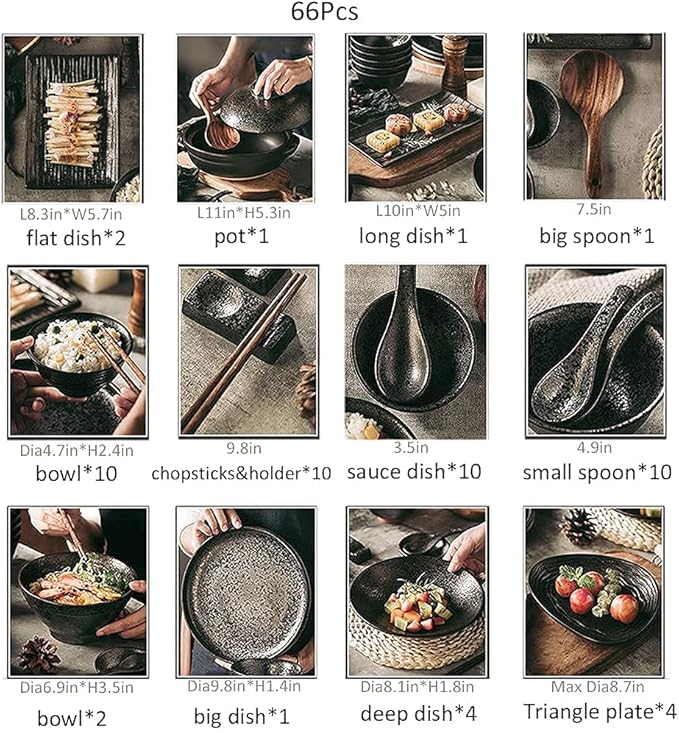 Kitchen Tableware SetCeramics Dinnerware Sets Plates and Bowls Sets 66 Pcs Kiln Change Dishes Set - Black Dinner Plates/Steak and Pasta Plate