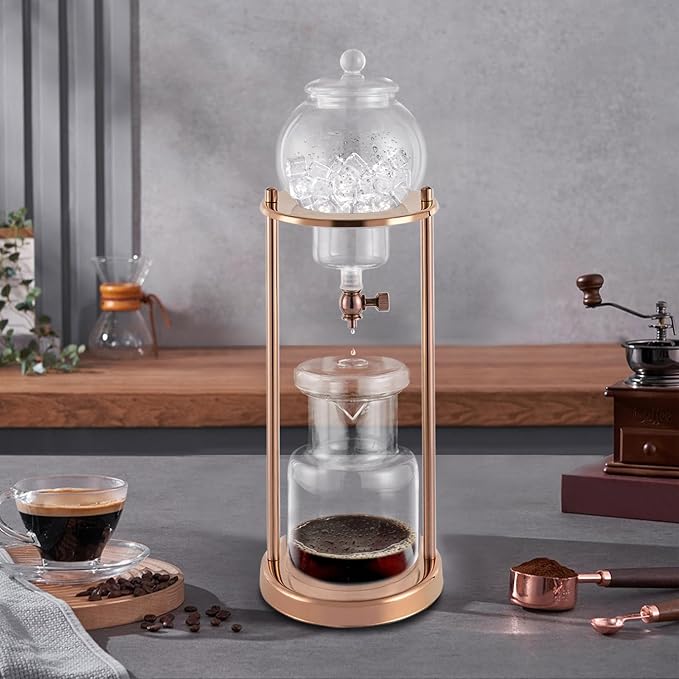 20.29oz Cold Brew Coffee Maker Wooden Ice Coffee Machine Stainless Steel and Borosilicate GlassStainless Steel and Borosilicate Glass Long Neck Sharing Pot with Measuring Spoon (Gold)