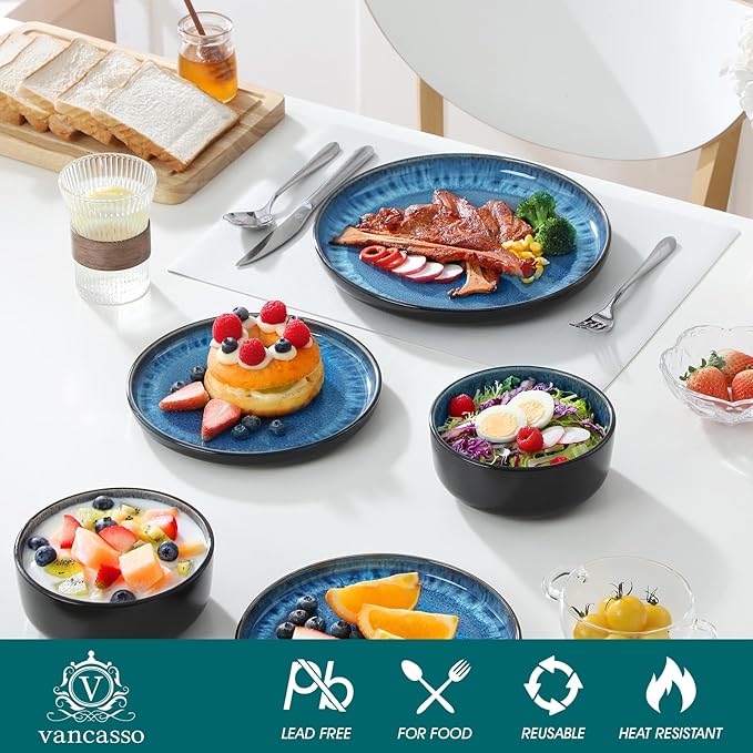 vancasso PLAYA Plates and Bowls Sets 18 Pieces Blue Dinnerware Sets for Kitchen Reactive Glaze Dishes Set for 6 Dishwasher and Microwave Safe