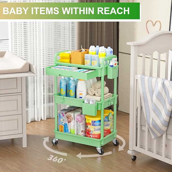 Goovilla 3 Tier Rolling Utility Cart Organizer with Removable Drawer Stable and Sturdy Green Rolling Storage Carts with 2 Lockable Wheels for Bathroom Kitchen Snack Craft Makeup Baby Essentials