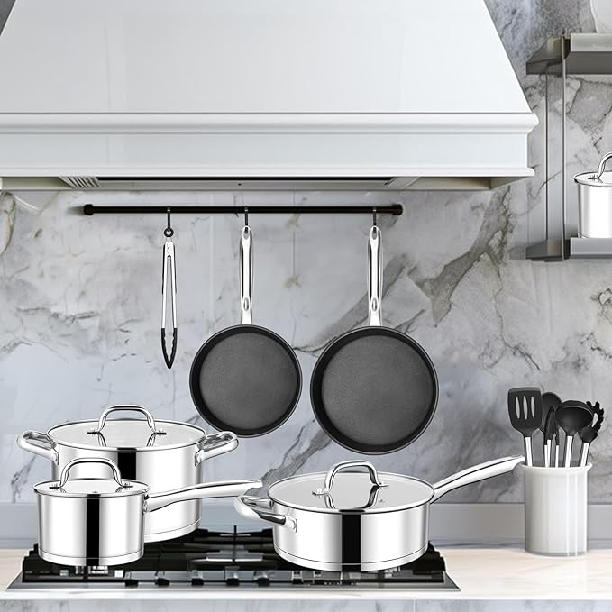 Walchoice 15-Piece Stainless Steel Cookware Set 3-Ply Base Kitchen Pots and Pans Set Non-toxic Induction Cooking Set Including Frying Pan Saucepan Oven &amp Dishwasher Safe All Stoves Compatible