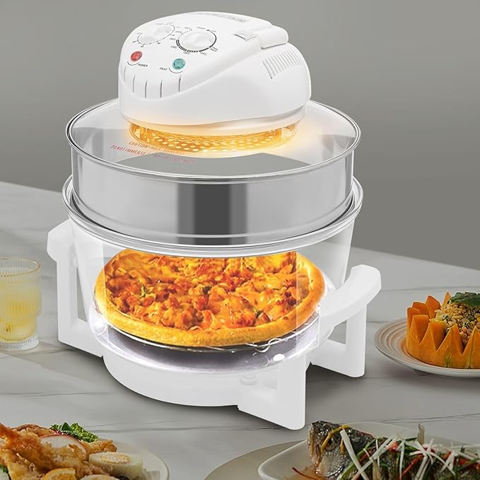 17L/17.96Qt Turbo Electric Glass Air Fryer w/ 2 Grill Electric Turbo Convection Oven Roaste 360° Viewable Airy Fryer with Expansion Ring Multifunction Oilless Halogen Oven