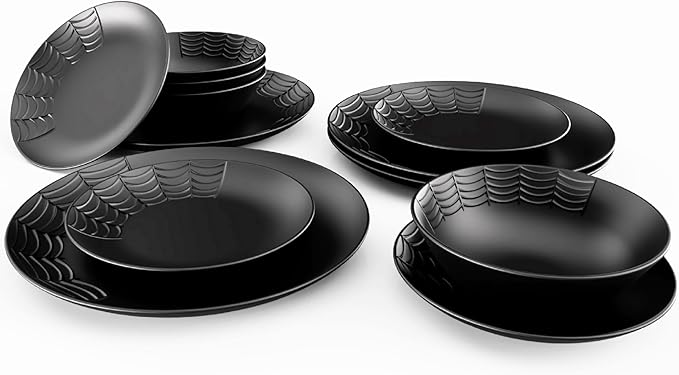 Nomnu Spiderweb Dinnerware Set (12 Pieces) - 4 Dinner Plates 4 Salad Plates 4 Bowls - Black Matte Porcelain Goth Dinnerware Set - Halloween Spooky Creepy Dishes Gothic Gifts