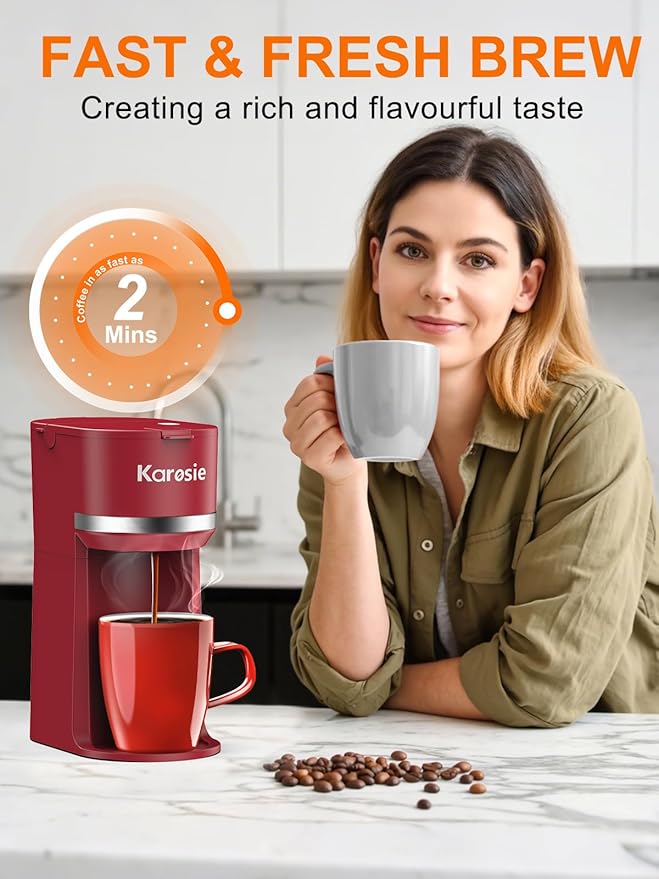 Single Serve Coffee Maker for K-Cup and Ground Coffee Fast Brew 6-12 oz Brew Sizes One Cup Coffee Machine Fits 5.5 Mugs One-Button Small Coffee Maker with Descaling Reminder Red