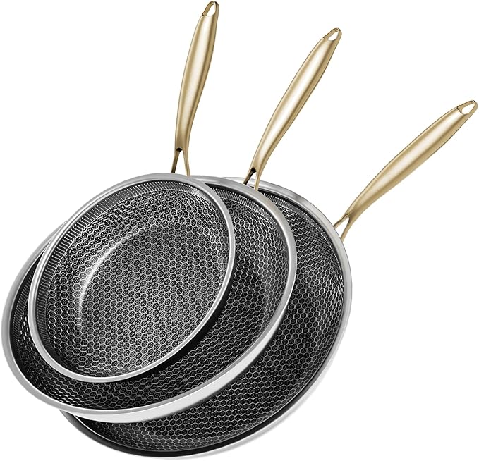 Honeycomb Stainless Steel Nonstick Frying Pan with Lid Set (No Lid Included) Induction Cooktop Compatible Skillet PFOA-Free Scratch-Proof Dishwasher &amp Oven Safe Gold Kitchen Cookware