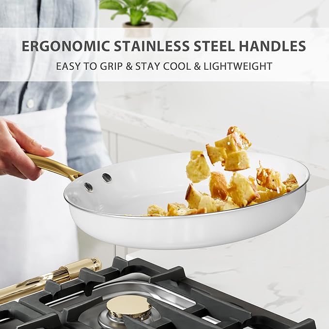 Ceramic Cookware Set VONIKI 16 Pcs Pots and Pans Set Non Stick Kitchen Cookware Sets with Cooking Utensils Set Non Toxic Cookware Set White Gold Pan Set for Cooking Pot Oven &amp Dishwasher Safe