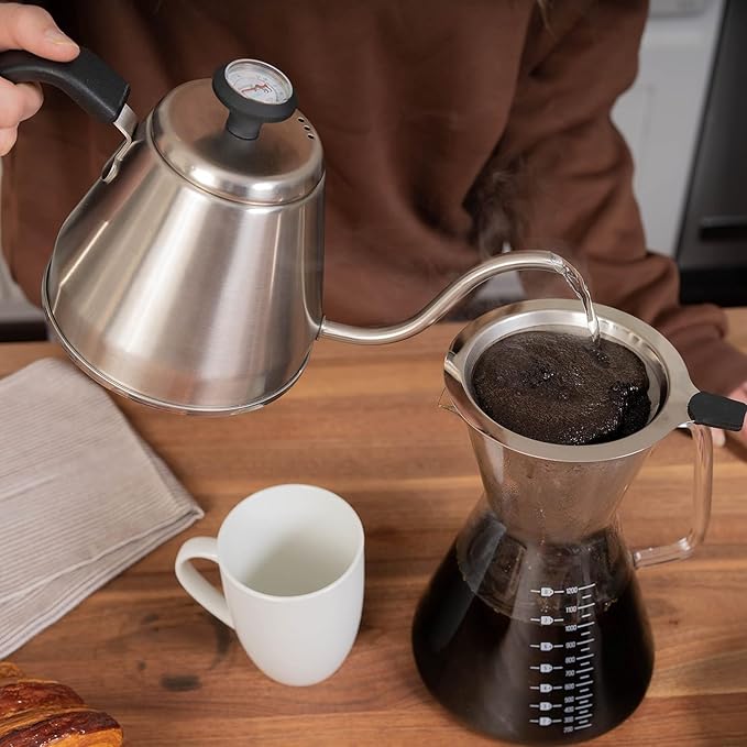 London Sip RiteTemp Gooseneck Kettle with Thermometer Thin Spout Ideal for Pour-Over Coffee Brewing Brushed Stainless Steel 1200 mL