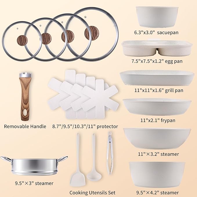 Nonstick Pots and Pans Set 17 Pcs Kitchen Cookware Set with Stay-Cool Handles - Induction Compatible White Nonstick Coating