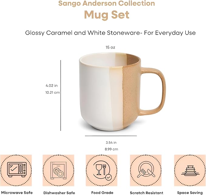 SANGO Phoebe Caramel/White Coffee Mugs Set of 4 15 oz Stoneware Coffee Mug Set Big Glossy Ceramic Tea Cup for Cappuccino Latte Cocoa Large Coffee Cups with Handle Microwave &amp Dishwasher Safe