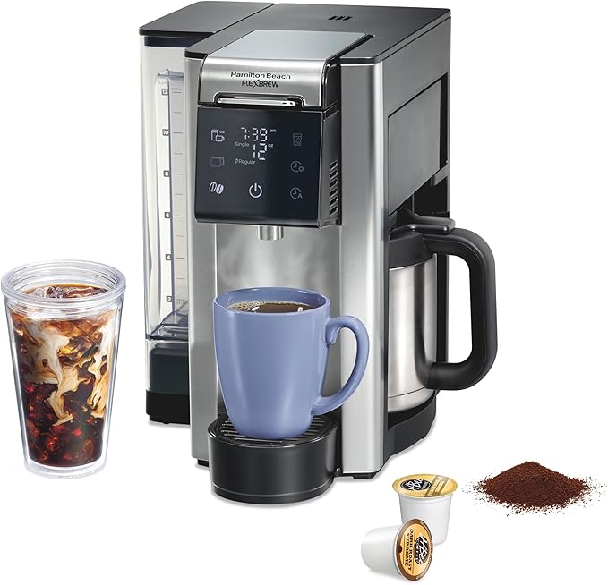 Hamilton Beach FlexBrew Advanced 5-in-1 Thermal Programmable 12 Cup Drip and Single Serve Hot &amp Iced Coffee Maker Movable 60oz. Water Reservoir Use Pod Packs and Grounds Fast Brewing Black (49