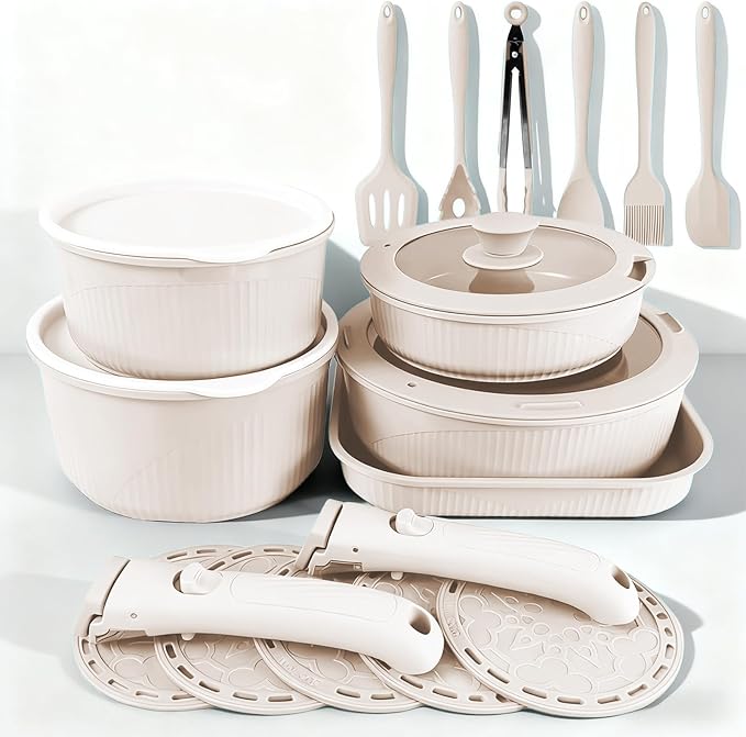 Pots and Pans Set Non Stick24 Pcs pots and pans setOven-safe and dishwasher-safePFAS/PFOA FreeInduction Dishwasher Oven Safe cookware set (Pink)