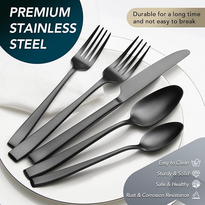 Matte Black Silverware Set EIUBUIE 40-Piece Premium Stainless Steel Black Cutlery Set for 8 Matte Flatware Sets Kitchen Utensils Sets Include Forks Spoons Knives