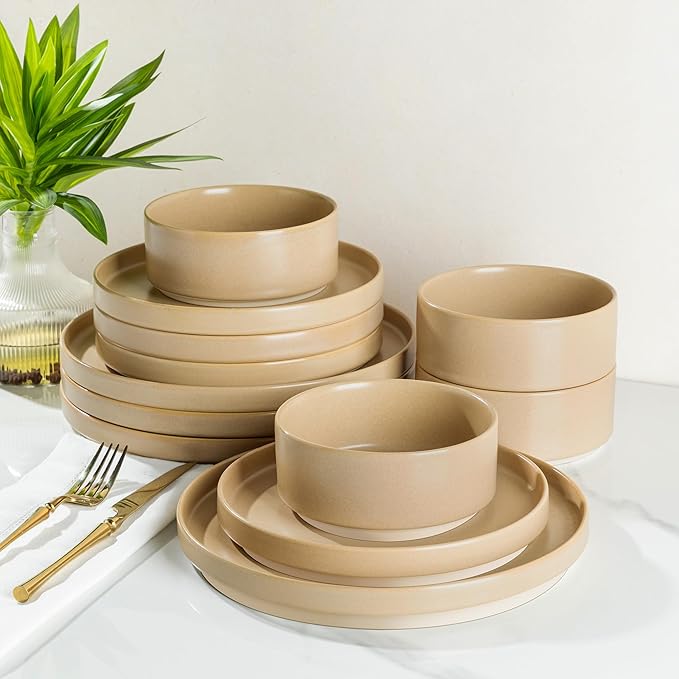 TheTerra Ceramic Dinnerware Sets for 4 12 Pieces Handmade Reactive Glaze Plates and Bowls Set Scratch Resistant Dish Set Oven &amp Microwave &amp Dishwasher Safe Ivory Cream
