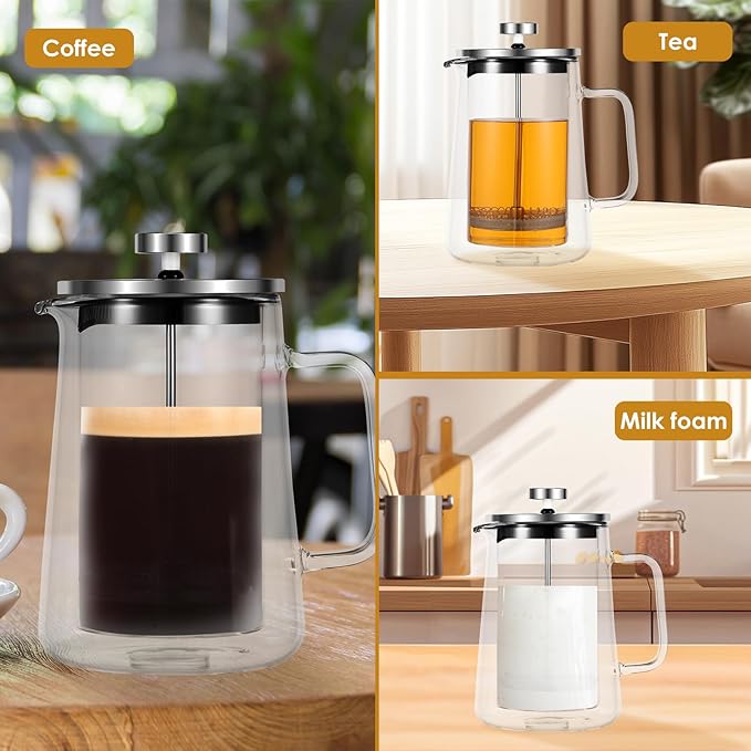 French Press Coffee Maker Double Wall Glass French Press French Press Tea Maker Insulated Glass Tea Press Clear Coffee Press Multifunctional Coffee Press Coffee Maker for Home Office (12 oz)