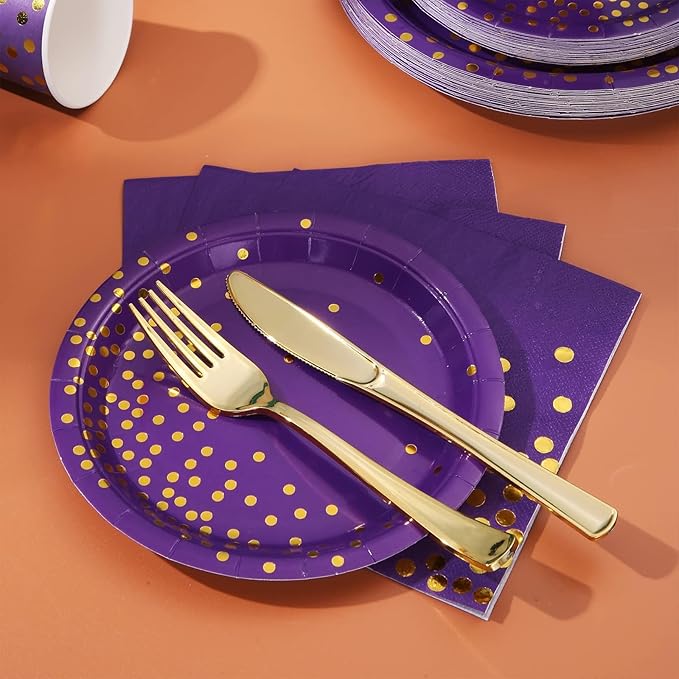 175Pcs Purple and Gold Party Decorations Purple Plates and Cups and Napkins Sets Gold Disposable Plates for Birthday Wedding Party Supplies Serves 25