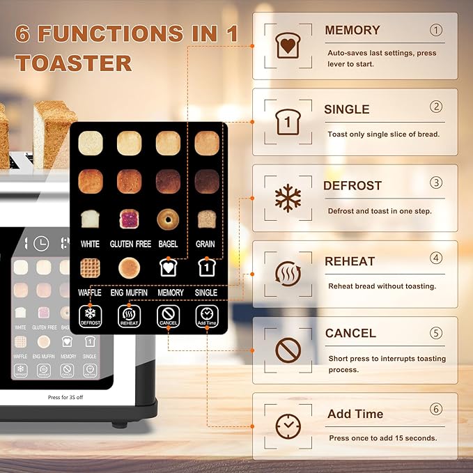 4 Slice Toaster Touch Screen Stainless Steel Toasters Digital Timer Dual Control Panel Toasters 8 Shade Settings 6 Bread Types for Bagel Cancel Defrost 1650W Black