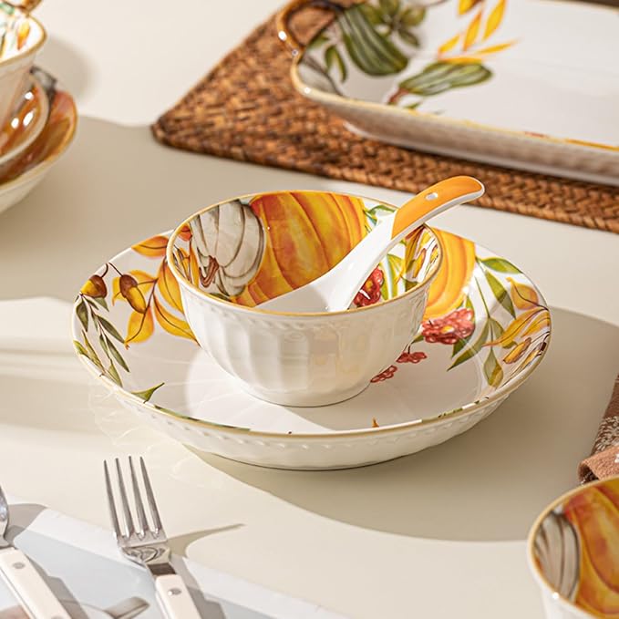 24-piece pumpkin pattern plates and bowls set - microwave and oven safe kitchen plates and bowls set dishware sets for diningfall dinnerware