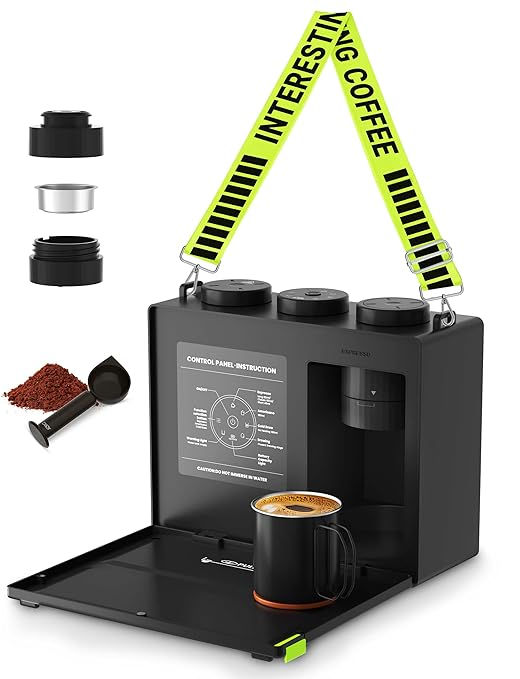 CANDY Portable Espresso Machine with Strap 3 in 1 Coffee Maker One-Touch Operation Rechargeable Cold Brew Up to 60 Cups for Ground Ideal for Camping RV &amp Outdoor Home Heating in Plug-in Mo