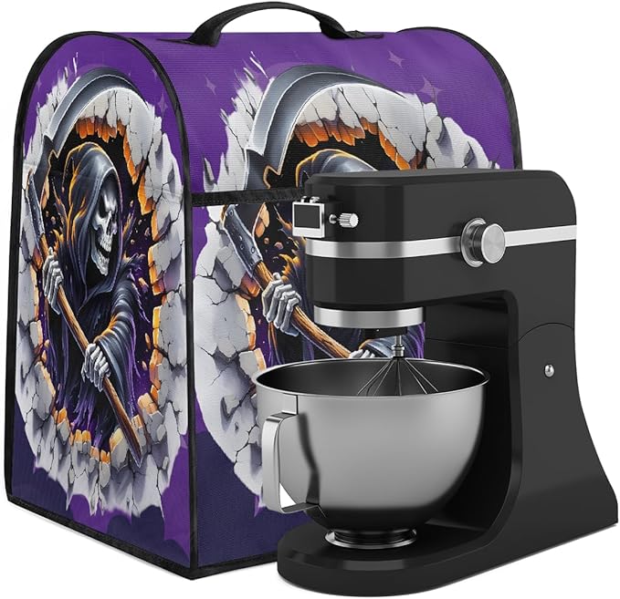 cfpolar Kitchen Aid Mixer Cover Compatible with 6-8 Quarts Halloween Grim Reaper Skull Stand Mixer Cover Kitchen Aid Mixers Accessories Appliance Organizer Bag Dust Covers with Zipper Pocket
