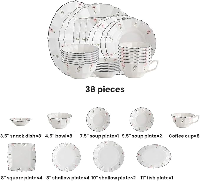 Ceramics Dinner Sets 38 Pieces Petal Shape Porcelain Dinnerware Set | Cereal Bowl and Steak Plate for Family Gathering and Wedding Gifts
