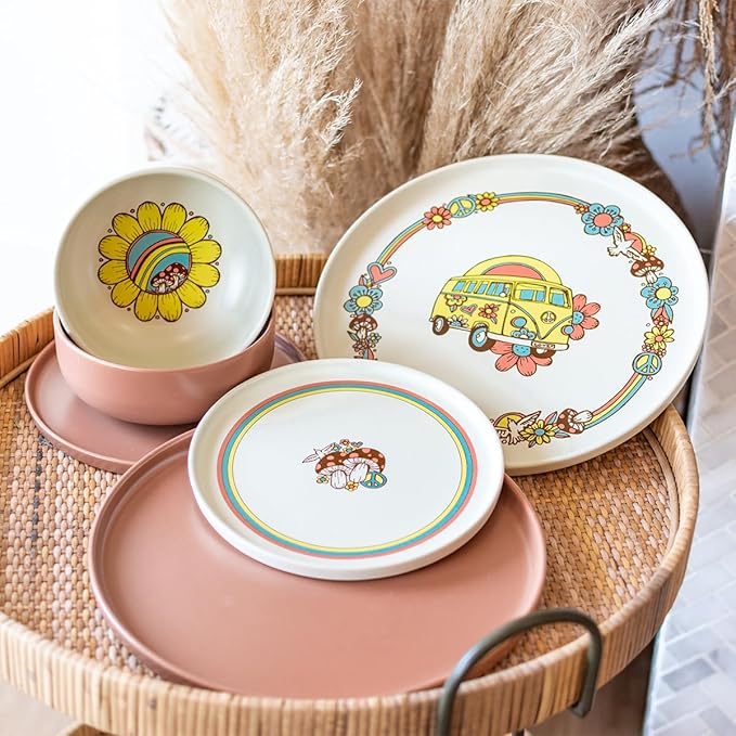 Everything Kitchens Modern Flat 16-Piece Dinnerware Set | Peace &amp Love (24-Piece Dinnerware Set | Terracotta)