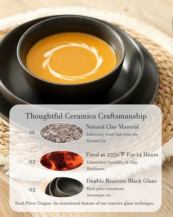 Plates and Bowls Sets 12-Pieces Stoneware Dinnerware Set Ceramic Matte Black Dishes Set for 4 Scratch Resistant Microwave and Dishwasher Safe Tableware Porcelain