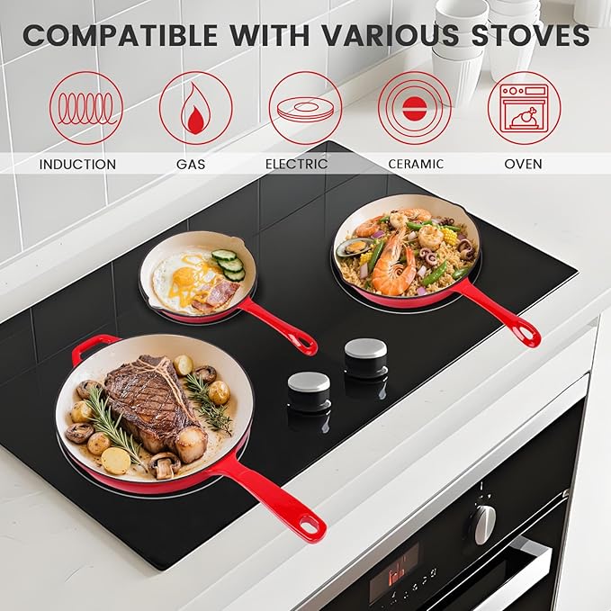 Hisencn Enameled Cast Iron Frying Pan Set 3 Piece Set of 8''/9.5''/11'' Skillets PFAS &amp PTFE &amp PFOA Free Gas/Induction/Electric/Oven Compatible Rouge Red
