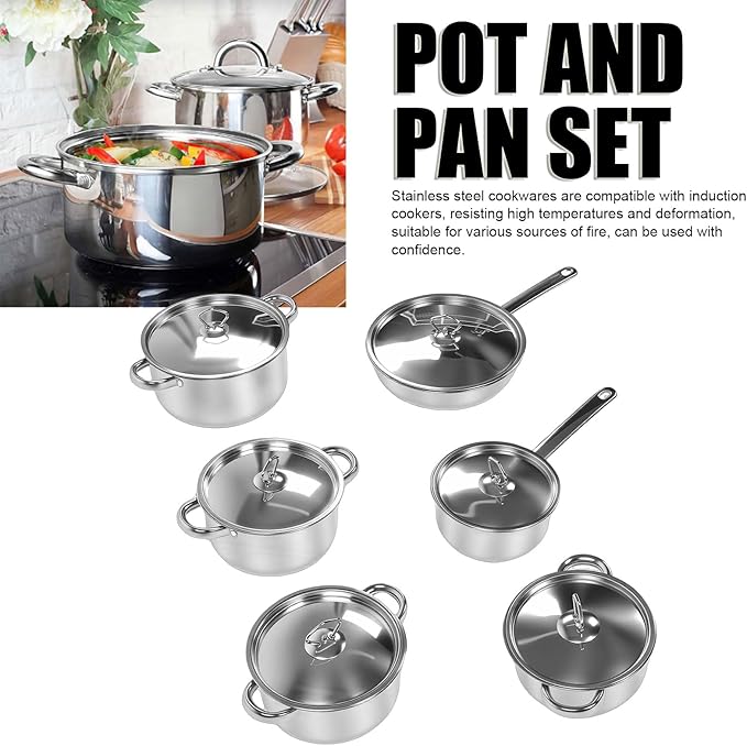 Stainless Steel Cookware Set 6 Pieces Pots and Pans Set Induction Kitchen Cookware with Lid for Home Kitchen and Utensil