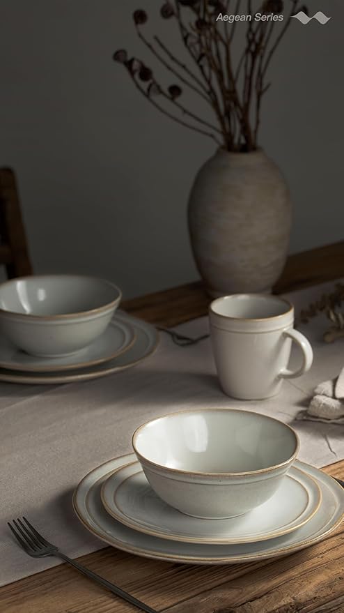 Famiware Aegean Stoneware Dinnerware Set for 4 Plates and Bowls Sets 12-Piece Scratch-Resistant Dinner Plate Set Handmade Irregular Round Dishes - Microwave and Dishwasher Safe Cappuccino White