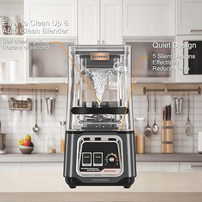 CRANDDI Commercial Blender 2200W Countertop Blenders with Removable Shield Quiet Smoothie Blender for Shakes and Ice Crushing 52oz 38000 RPM Professional Blenders for Kitchen K80 (Grey)