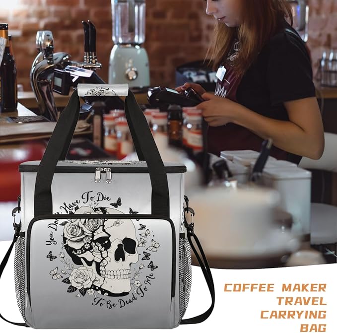 Halloween Skull Flower Butterfly Coffee Maker Carring Bag Travel Carrying Storage Tote Bag Compatible with Keurig K-Mini or K-Mini Plus Portable Single Serve Coffee Brewer Case with Pockets