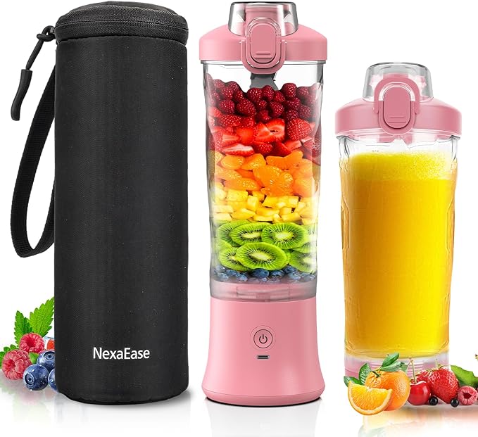 Portable Blender Personal Juicer for Shakes and Smoothies - 20 OZ Electric Protein Shaker Bottle with Insulated Sleeve Travel Lid USB-C Rechargeable - Mini Small Blender Cup for Kitchen Office Gym