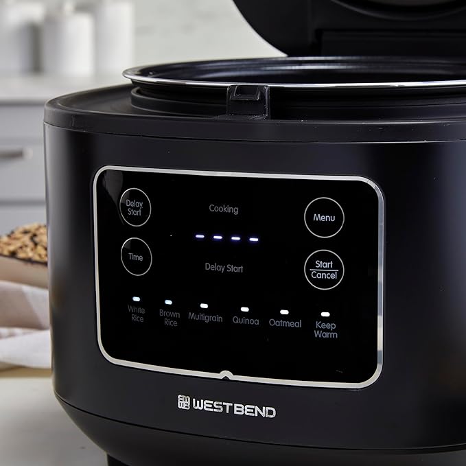 West Bend Programmable Rice &amp Grain Cooker with 7 Preset Functions Includes Delay Start and Keep Warm Features Easy View Window &amp Steam Basket 12 Cups Cooked (6 Uncooked) Black