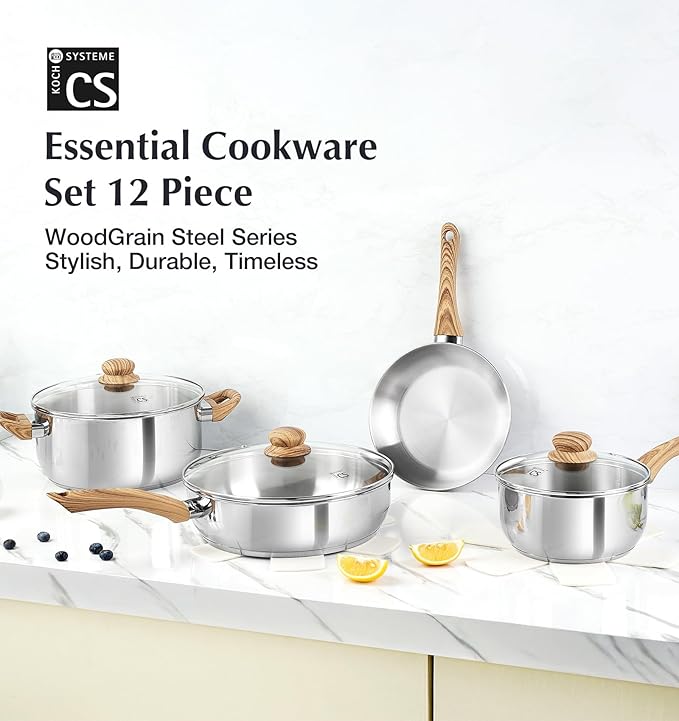 KOCH SYSTEME CS Stainless Steel Pots and Pans Set Professional 18/10 Cookware Set Pots and Pans Set 12PCS with Cool-Touch Bakelite Handles Tri-ply Base Kitchen Cookware Sets Induction Compatible