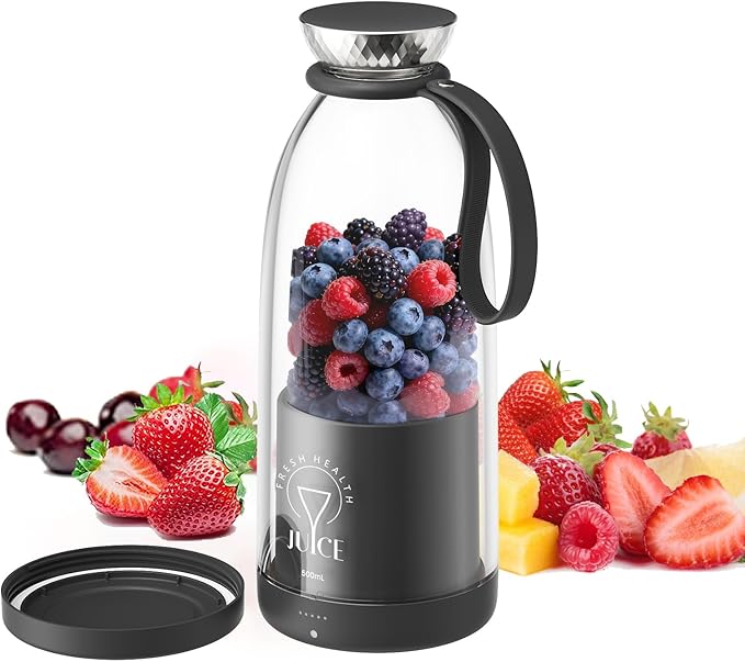 Portable Blender Personal Smoothie Maker with 6 Blades Rechargeable Mini Juicer Cup 17 oz with Travel Lid for Outdoors Camping Office Kitchen (Black)