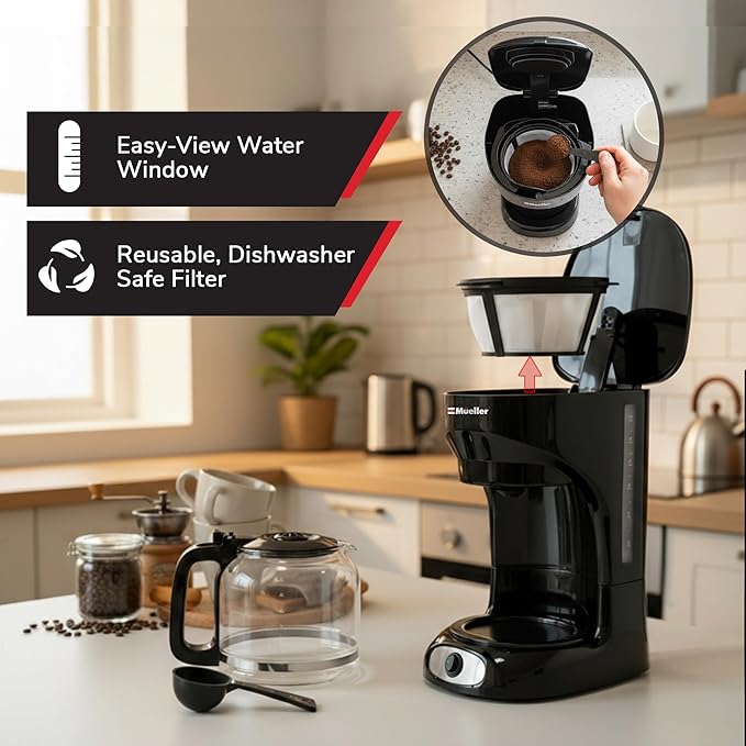 Mueller 12-Cup Drip Coffee Maker - Borosilicate Carafe Auto-Off Reusable Filter Anti-Drip Keep-Warm Function Clear Water Level Window Coffee Machine Kitchen Essentials &amp Accessories