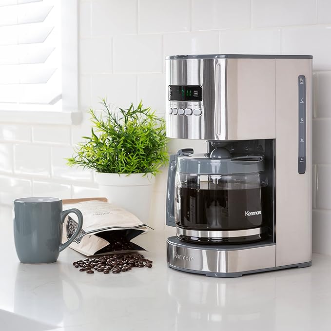 Koolatron Kenmore Elite Drip Coffee Maker - 12-Cup Programmable Coffee Machine With Glass Pot Pause and Pour Auto Shut-Off Large Water Reservoir Reusable Filter Dishwasher Safe Carafe