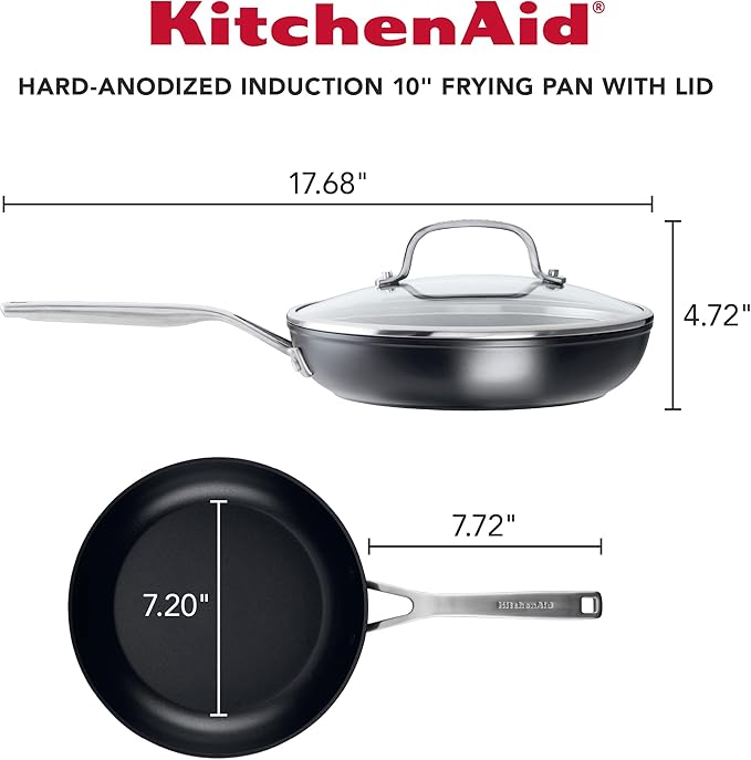 KitchenAid Hard Anodized Induction Nonstick Frying Pan Set With Tempered Lids 4-Piece - 10 &amp 12 Inch – Durable Even Heating Oven Safe to 500°F Dishwasher Safe Easy-Clean