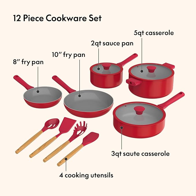 So Yummy by bella 12 Piece Cookware Set w EverGood™ Ceramic Nonstick Coating and Silicone &amp Wood Utensils Dishwasher Safe Silicone &amp Glass Lids Oven Safe &amp All Stovetop Compatible Red