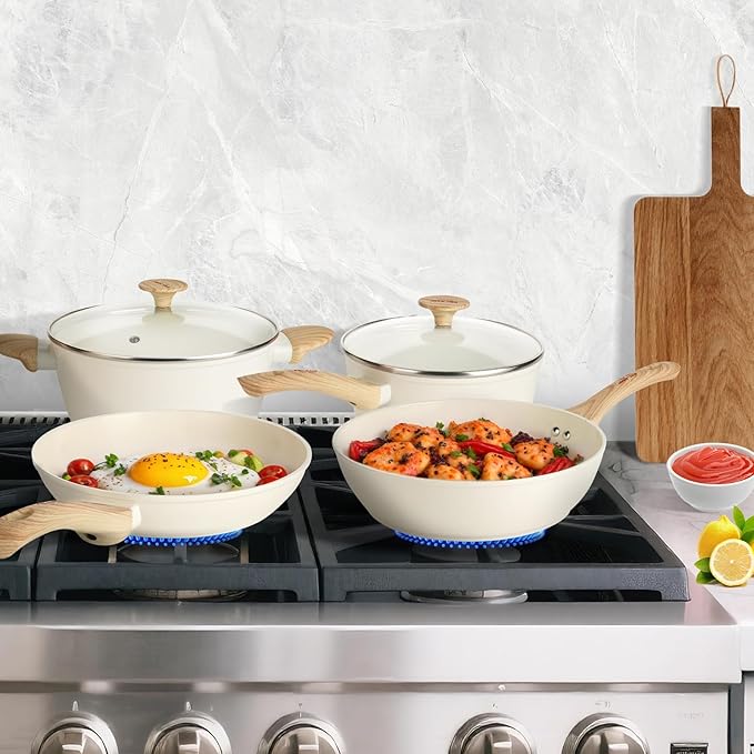 FELAMP Healthy Ceramic Nonstick Cookware Set 7-Piece PFOA/PFOS/Toxin-Free Pots &amp Pans Set for Induction &amp All Stovetops Dishwasher Safe with Glass LidsGift for New Home &amp Chefs
