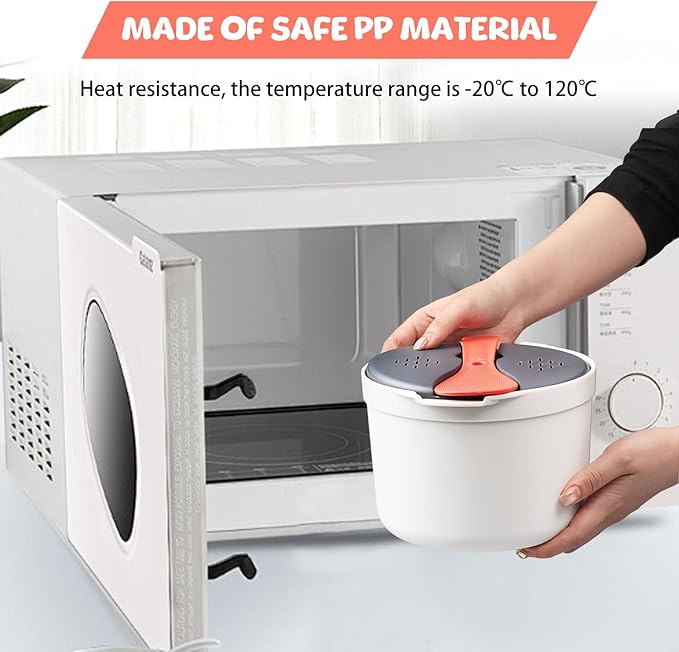 Microwave Rice Cooker 2L Microwave Pasta Cooker with Strainer Lid 2 Layer Non-Stick Microwave Vegetable Steamer Pasta Cooker Dishwasher Safe Rice Steamer for Oats Veggies Pasta
