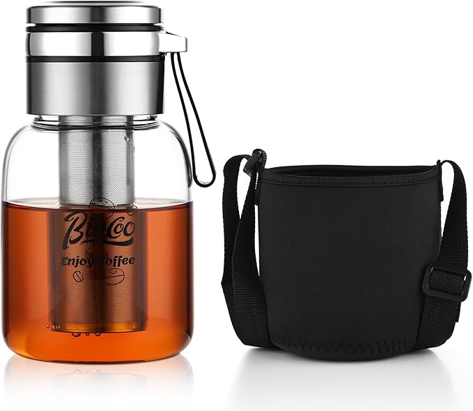 Bincoo Tea Infuser Bottle Glass Cold Brew Coffee Maker with Extended Long Filter – Premium Durable Easy-to-Clean Glass Bottle Stainless Steel Filter for Smooth Coffee &amp Tea (17oz / 500ml)