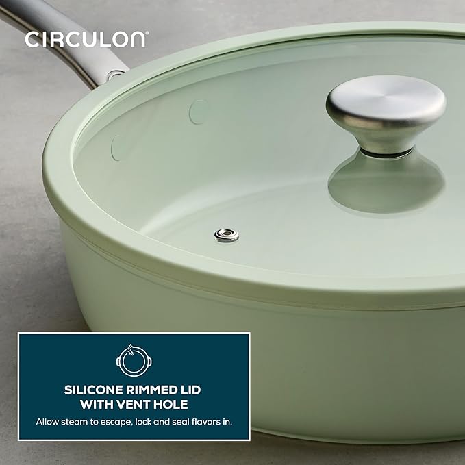 Circulon Halo with LaserDefense Ceramic Nonstick Saute Pan with Helper Handle and Lid Made without PFAS Compatible with All Stovetops Dishwasher and Oven Safe 5 Quart Multipurpose Pan - Sage
