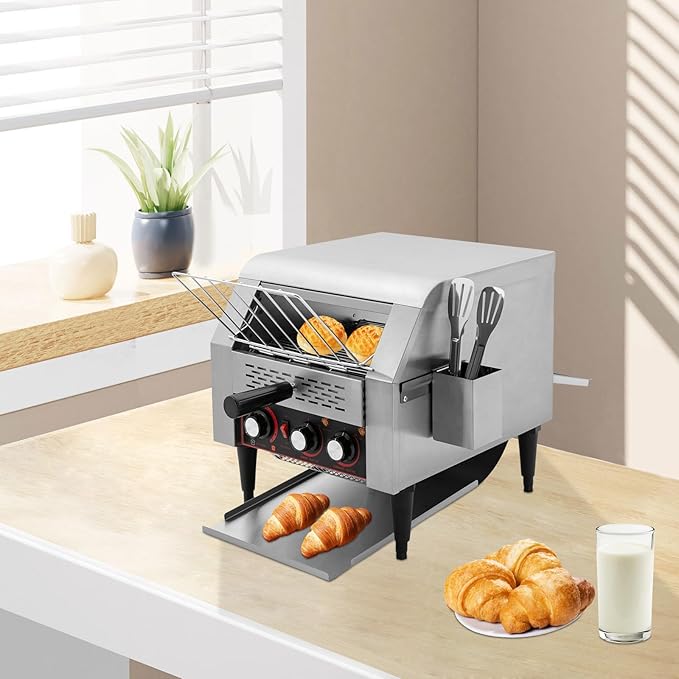 Commercial Conveyor Toaster 350Slices/Hour 1900W Stainless Steel Heavy Duty Industrial Toasters w/Three-ring Heating TubesCountertop Electric Restaurant Equipment for Bun Bagel Bread Baked Food