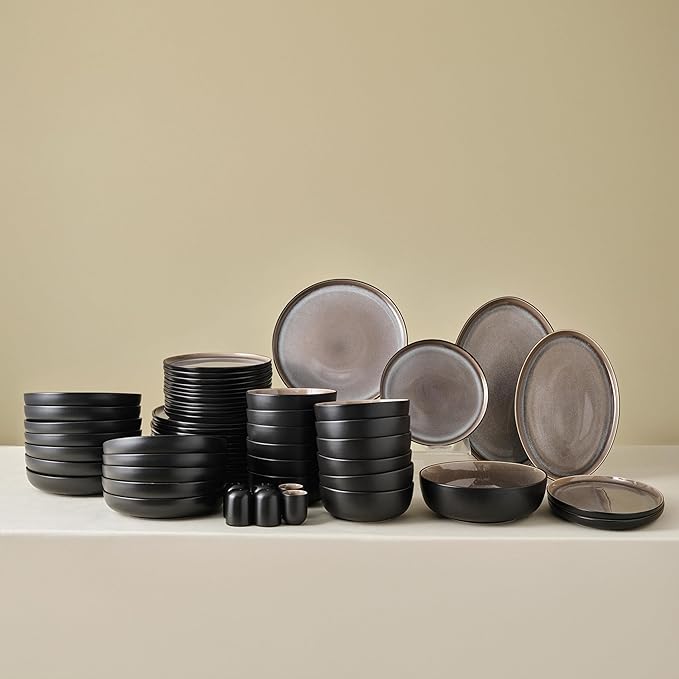 Karaca Mercure 59 Piece Stoneware Plates and Bowls Set Reactive Glaze Black Dinner Set Complete Kitchen Tableware Collection Ideal Dinnerware for 12 People Dining Experience Dishwasher Safe