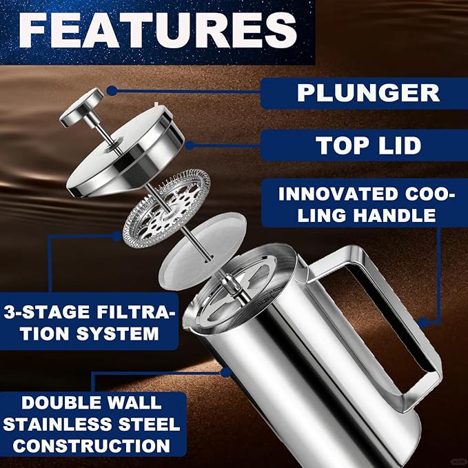 Samll French Press Coffee Maker 21OZ Stainless Steel 600ml Coffee Press with Black Handle for Personal Office TravelCamping (Sanding Silver 1-3 Cups)