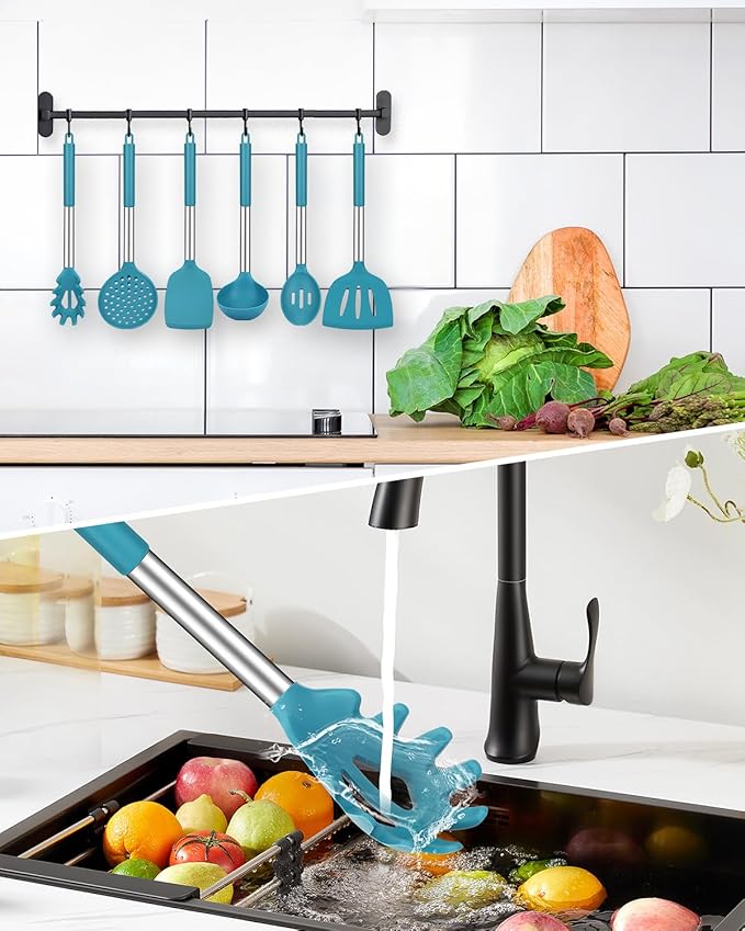 Silicone Cooking Utensil Set 8Pcs Non-stick Cookware with Stainless Steel Handle BPA Free Heat Resistant Kitchen Tools with Spatulas Turners Spoons Skimmer and Pasta Fork