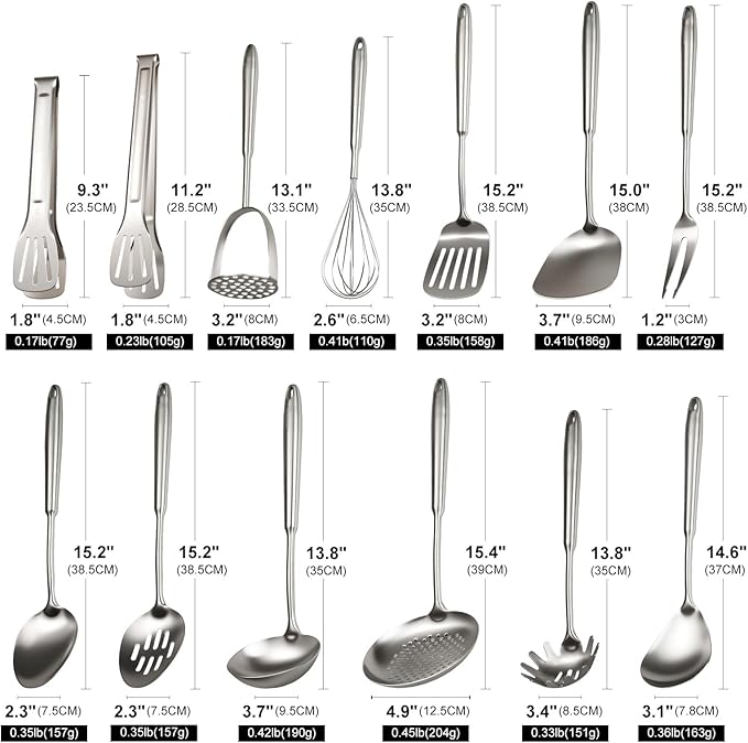 18/10 Stainless Steel Cooking Utensils Set 13 PCS Long Large Metal Cooking Utensil Tools Set Mirror Polished Kitchen Gadget Cookware and Kitchen Tool Set Dishwasher Safe